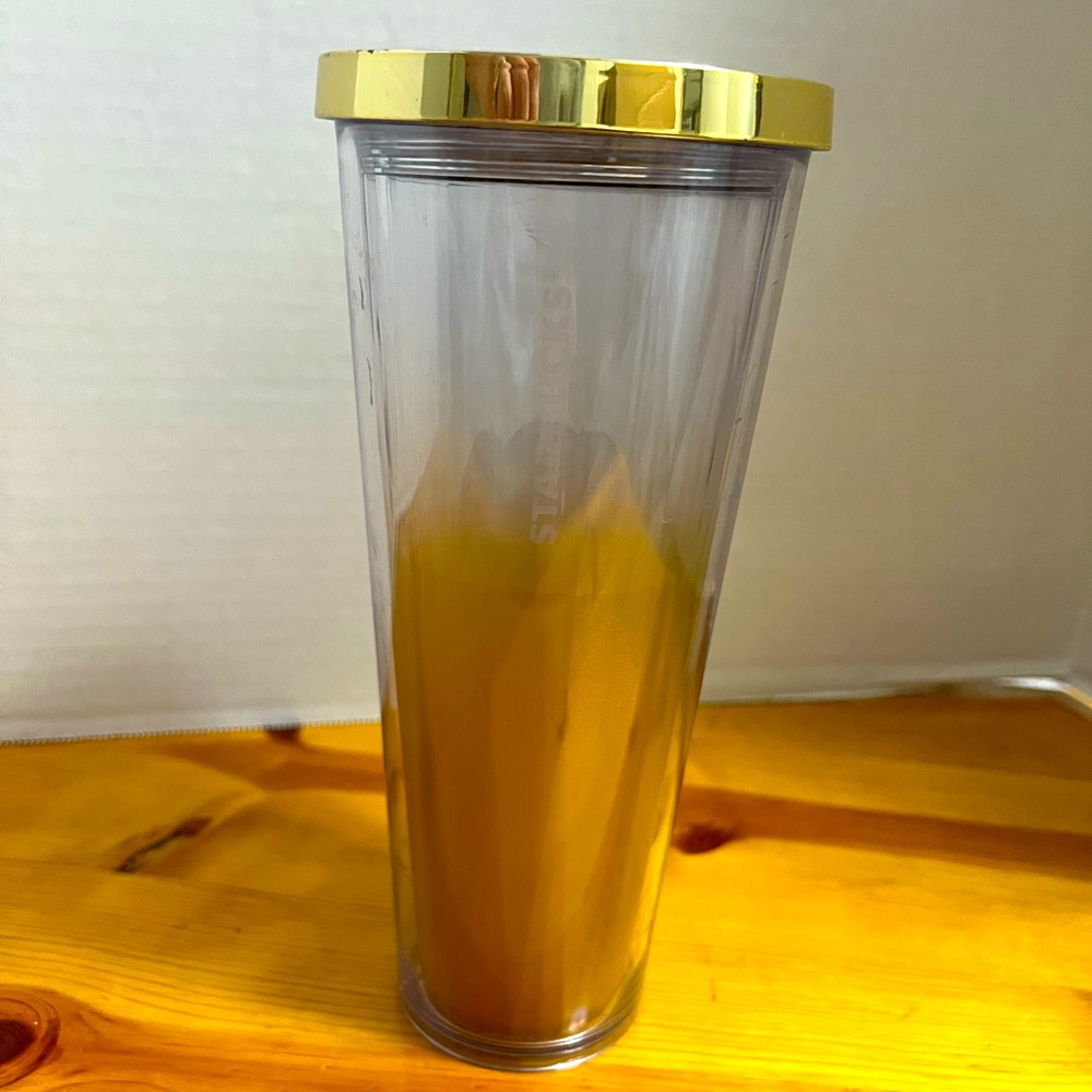 STARBUCKS 24oz Venti Cold Cup 2014 Gold Ombre Gradient Silver Dot Chiseled